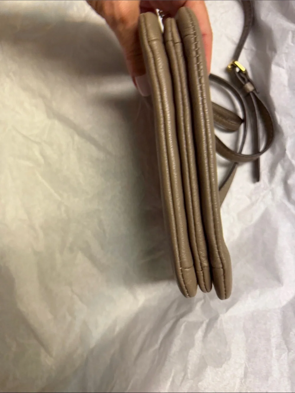 Vince Camuto Taupe Pebbled Leather Crossbody with Gold Medallion